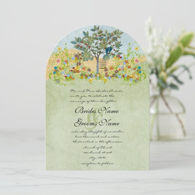 Swirled Flower Love Birds Tree Wedding Invitation (Standing Front)