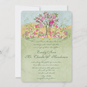 Swirled Pink Green Flower Love Birds Tree Wedding Invitation