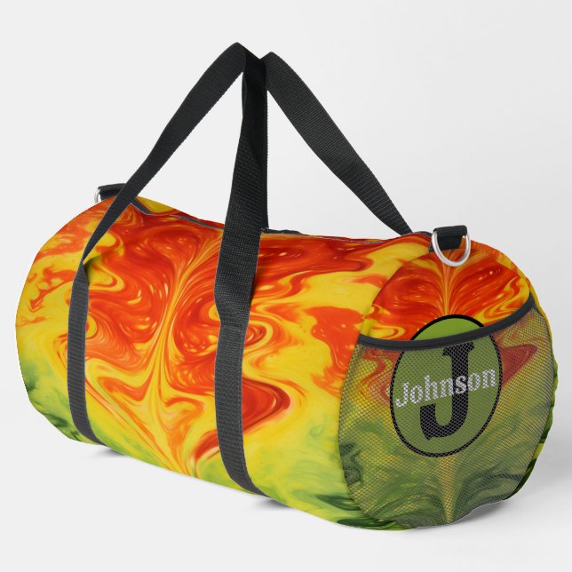 Swirling Abstract Fire Gear Monogram Personalised Duffle Bag (Right Corner)