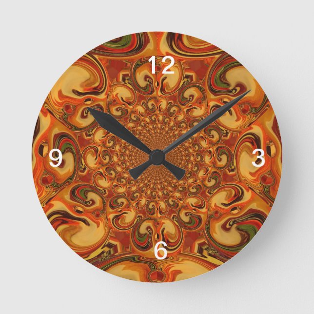 Swirling Abstract  orange, brown, and green tones  Round Clock (Front)