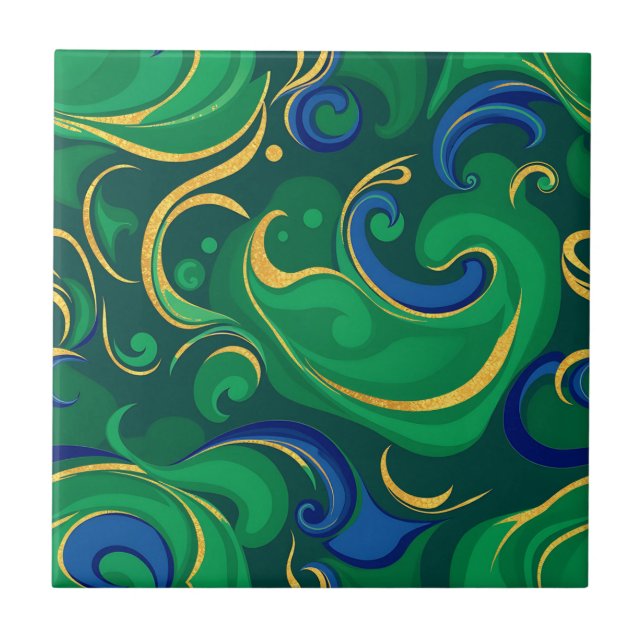 Swirling Abstract Pattern in Rich Green and Gold Tile (Front)