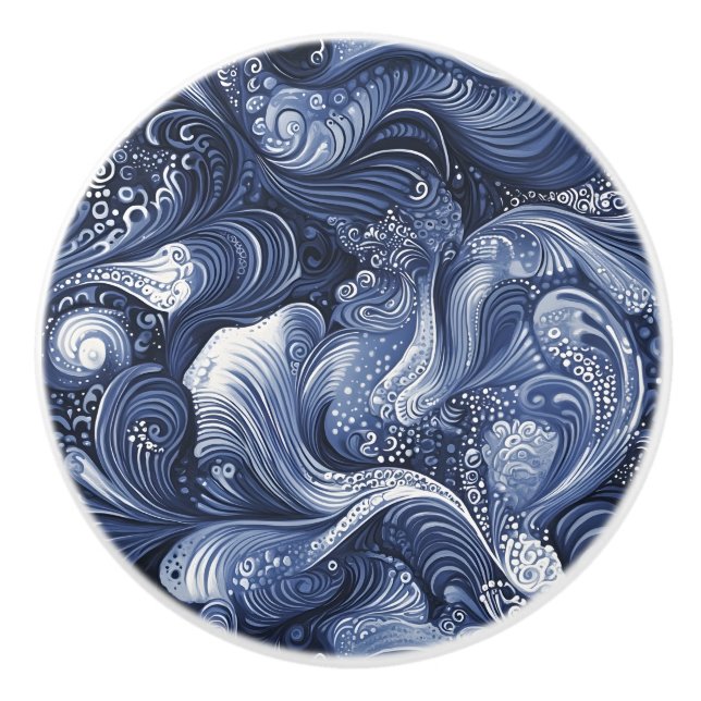 Swirling Blue and White Abstract Ceramic Knob (Front)