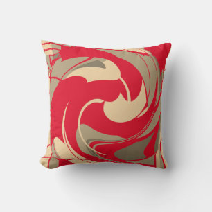 Swirling Bright Red Beige Taupe Abstract Flower Cushion