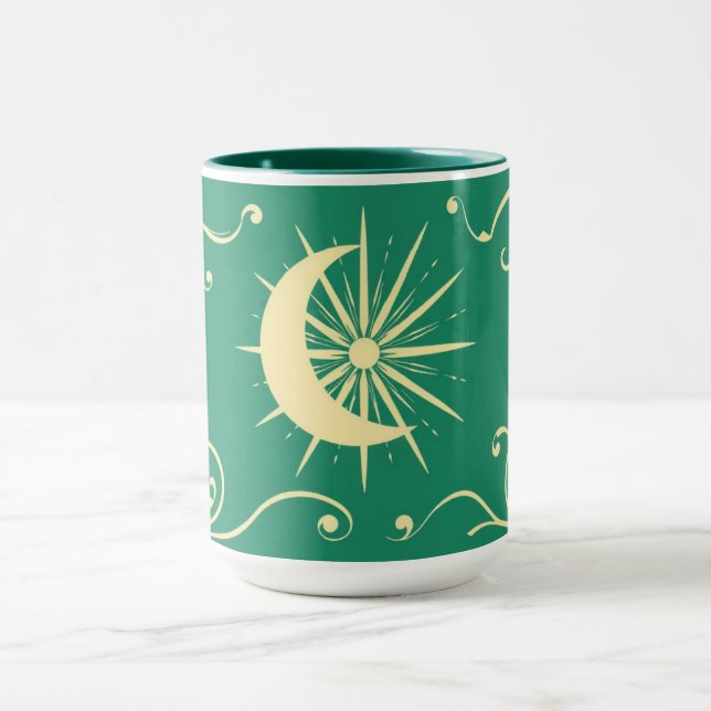 Swirling Emerald Crescent Moon with Ivory Starburs Mug (Center)