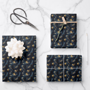 Swirling Gold on Blue & Black Wrapping Paper Sheet