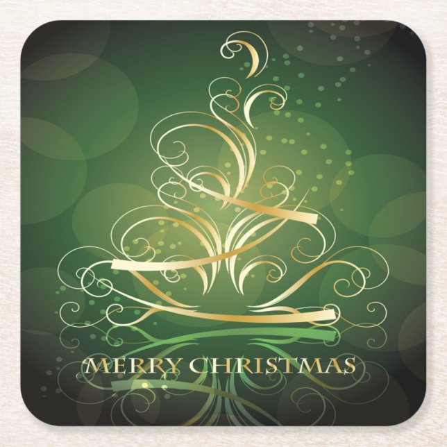 Swirling Gold Ribbon Christmas Tree Square Paper Coaster (Front)