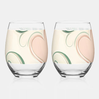 Swirling green lines with pink hearts  stemless wine glass