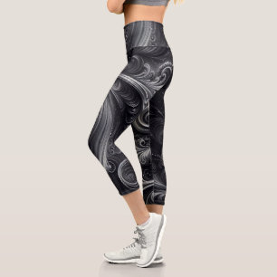 Swirling Modern Abstract Black and Silver Capri Leggings