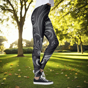 Swirling Modern Abstract Black and Silver Leggings