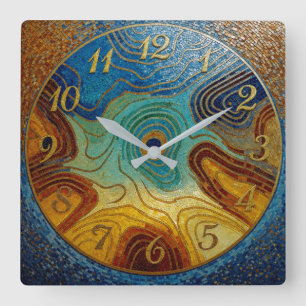 Swirling Mosaic Wall Clock Blue Teal Cyan Gold