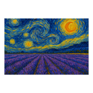 Swirling Night Sky over Lavender Field Poster