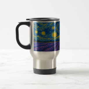 Swirling Night Sky over Lavender Field Travel Mug