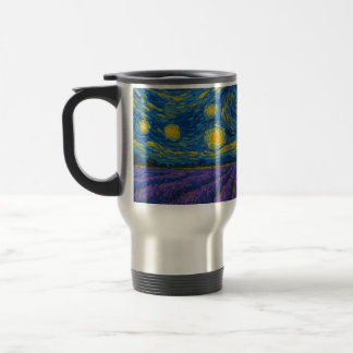 Swirling Night Sky over Lavender Field Travel Mug