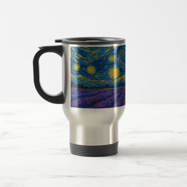 Swirling Night Sky over Lavender Field Travel Mug (Left)