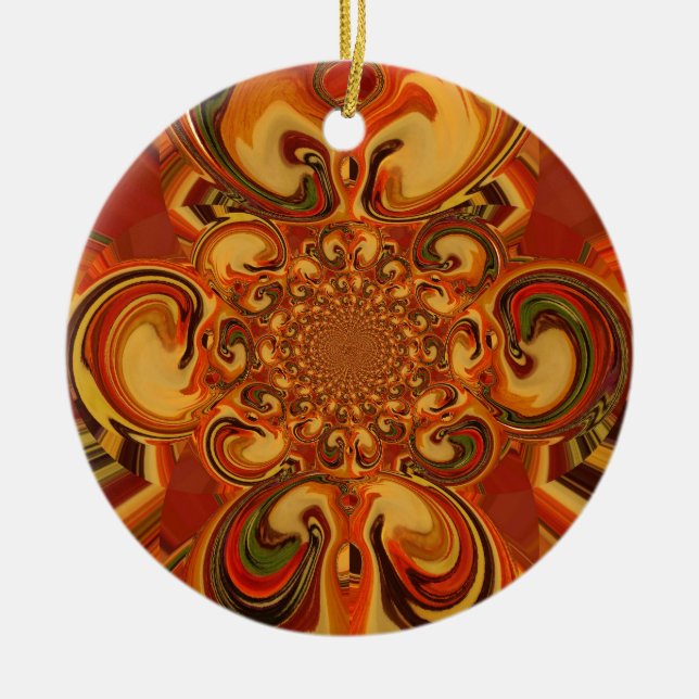 Swirling Pattern: Shades of Orange, Brown & Green Ceramic Tree Decoration (Front)
