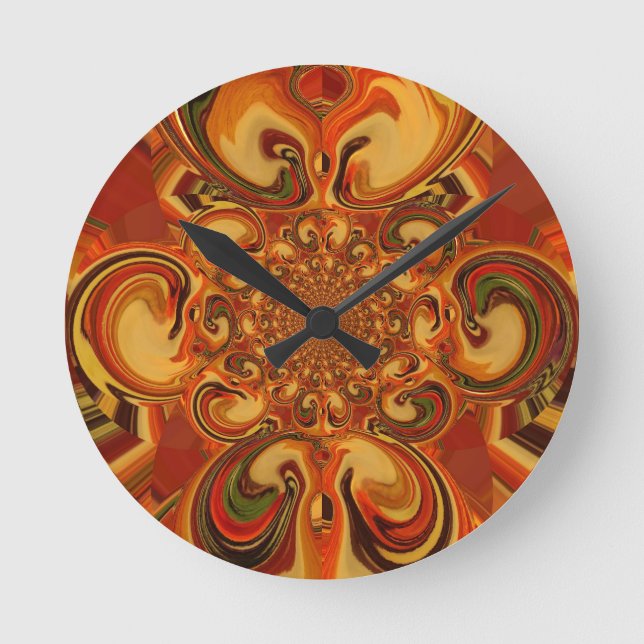 Swirling Pattern: Shades of Orange, Brown & Green Round Clock (Front)