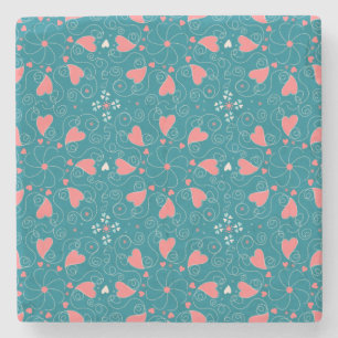 Swirling pink hearts on teal. Hand Drawn Stone Coaster
