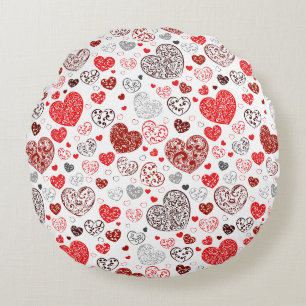 Swirling Red Decorative Heart Pattern Round Cushion