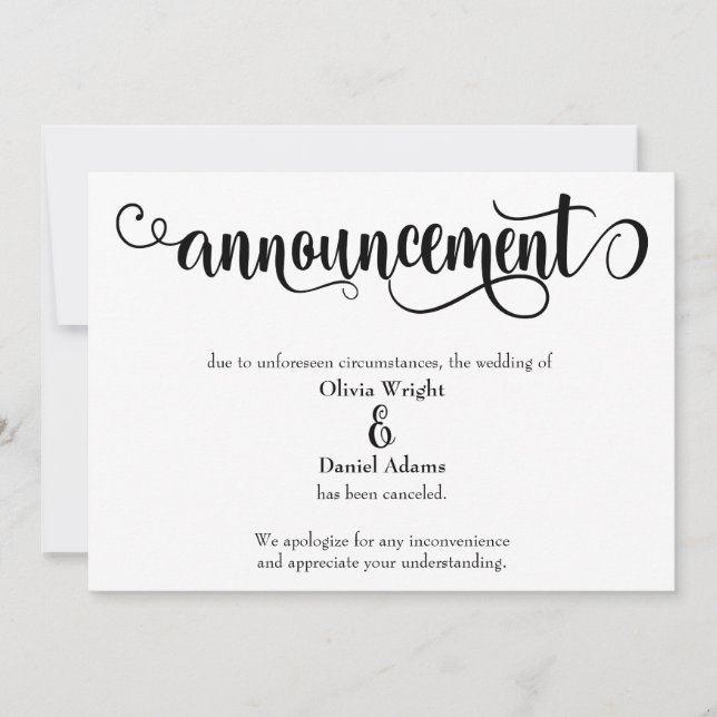 Swirling Script Cancelled Wedding Announcement (Front)