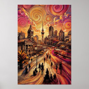 Swirling Sunset City - Auckland Sky Tower Spiral Poster