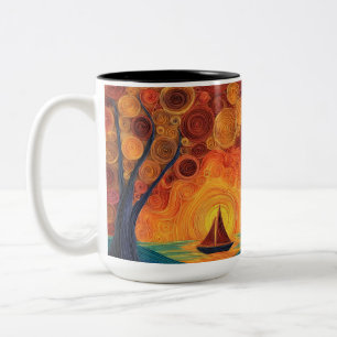 "Swirling Sunset Tree & Sailboat Two-Tone Coffee Mug