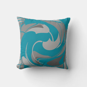 Swirling Turquoise Grey Charcoal Floral Abstract Cushion