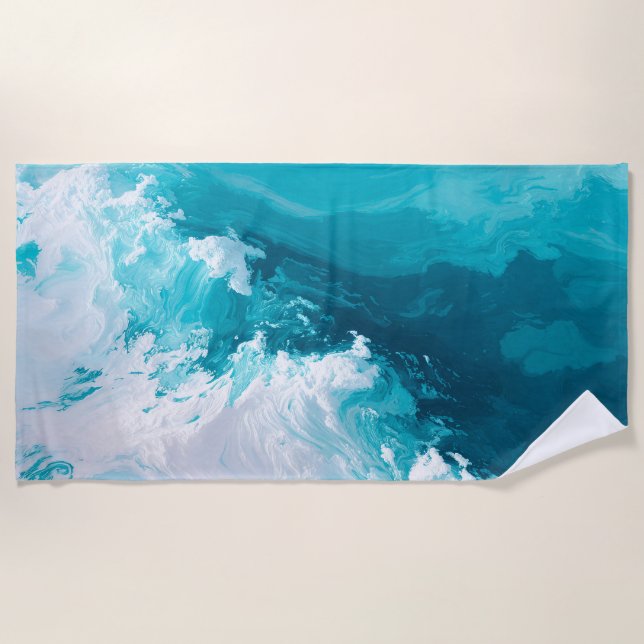 Swirling Turquoise Waves Abstract Ocean Wave Art Beach Towel (Front)