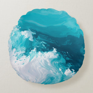 Swirling Turquoise Waves Abstract Ocean Wave Art Round Cushion