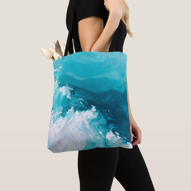 Swirling Turquoise Waves Abstract Ocean Wave Art Tote Bag (Close Up)