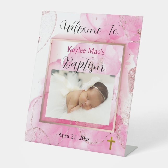 Swirling & Twirling Pink Clouds Baptism  Pedestal Sign (Front)