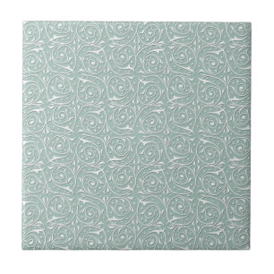 Swirling Vines in Pale Sage Green and White Tile