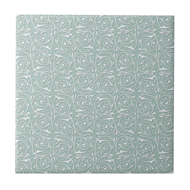 Swirling Vines in Pale Sage Green and White Tile (Front)