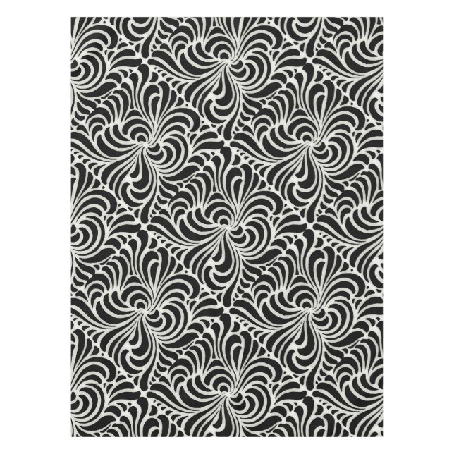 Swirling vintage Japanese abstract in black white Tablecloth (Front)