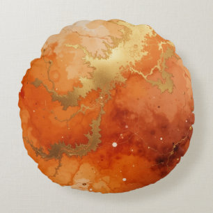 swirling watercolor gold burnt orange background round cushion