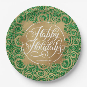 Swirls and Gold Faux Foil Holiday Christmas Green Paper Plate