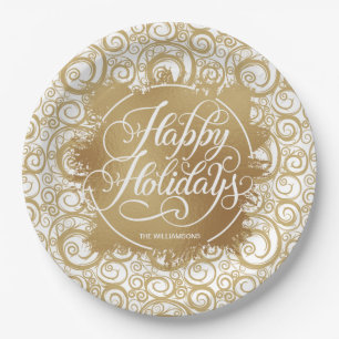 Swirls and Gold Faux Foil Holiday Christmas Paper Plate