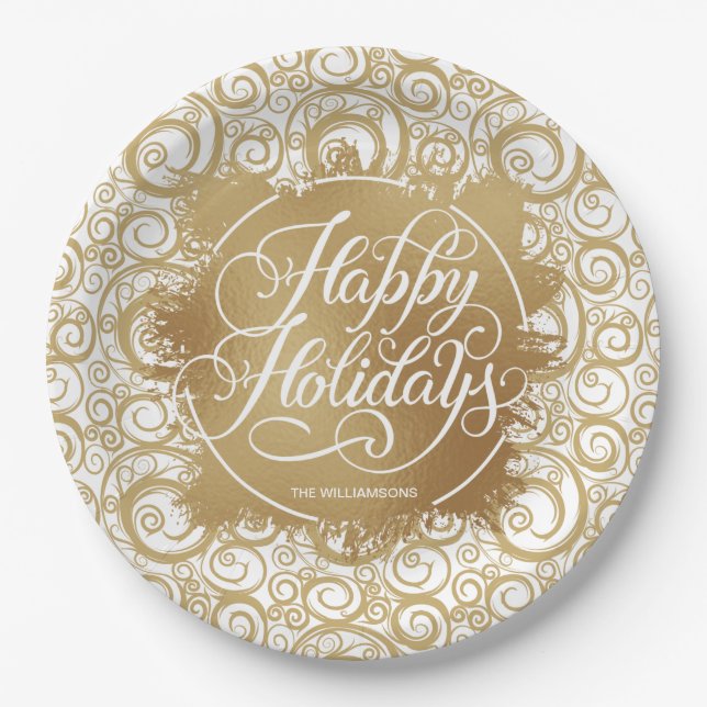 Swirls and Gold Faux Foil Holiday Christmas Paper Plate (Front)