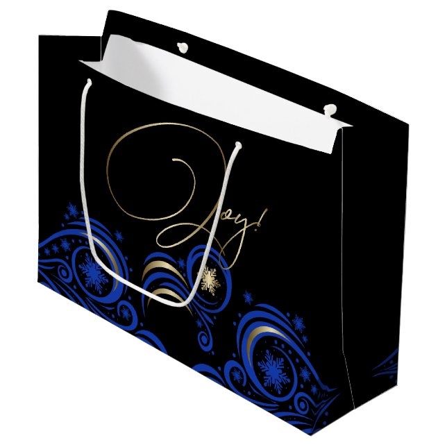 Swirls and Snowflakes Blue and Gold JOY Large Gift Bag (Front Angled)