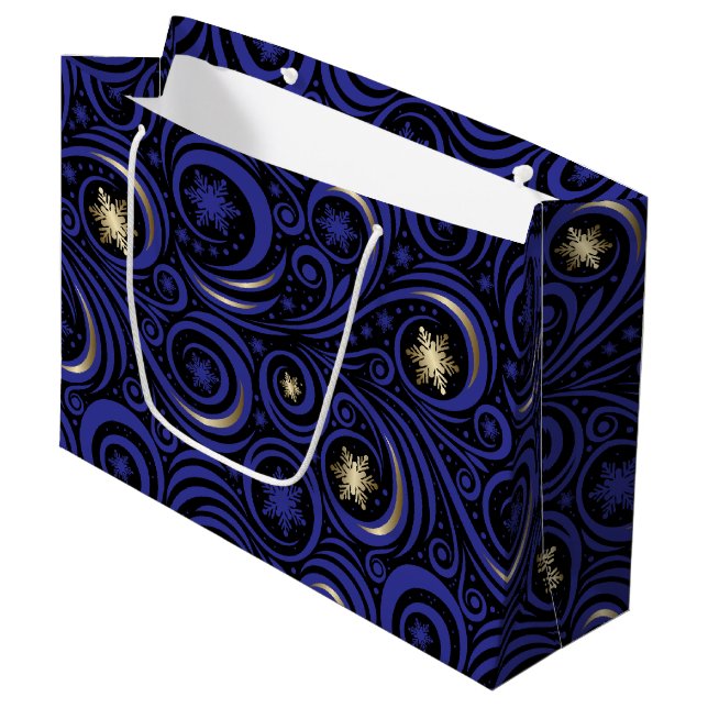 Swirls and Snowflakes Blue and Gold Large Gift Bag (Front Angled)