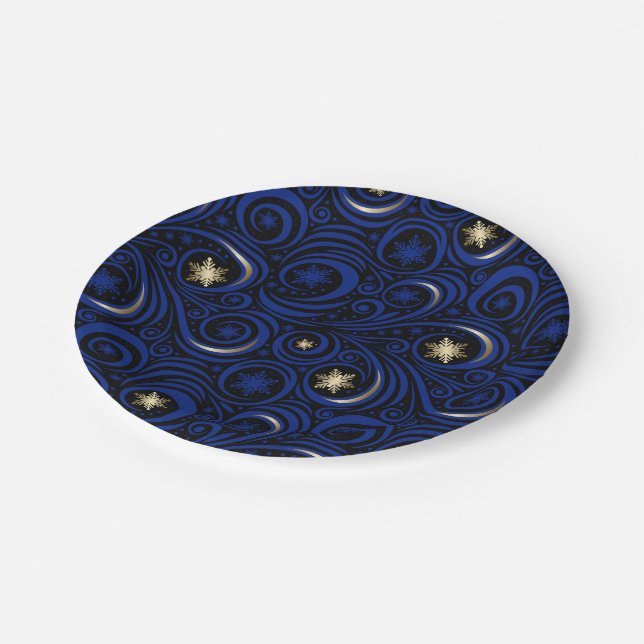 Swirls and Snowflakes Blue and Gold Paper Plate (Angled)