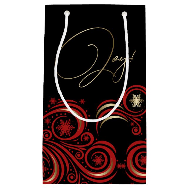 Swirls and Snowflakes Border Red and Gold JOY Small Gift Bag (Front)