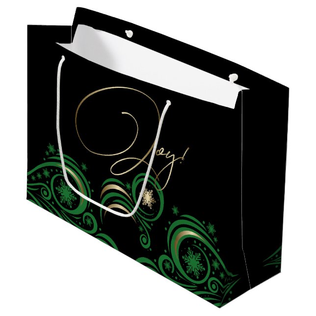 Swirls and Snowflakes Green and Gold JOY Large Gift Bag (Front Angled)