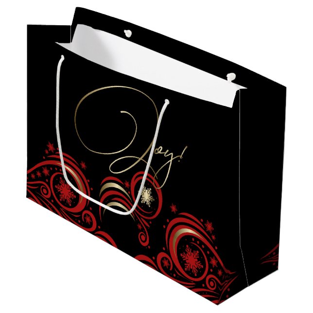 Swirls and Snowflakes Red and Gold JOY Large Gift Bag (Front Angled)