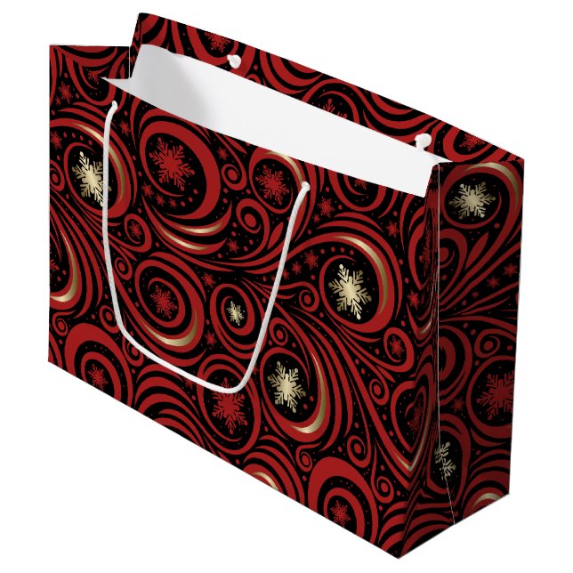 Swirls and Snowflakes Red and Gold Large Gift Bag (Front Angled)