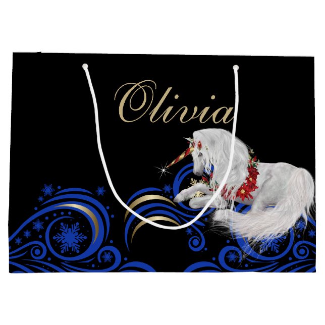 Swirls and Snowflakes Unicorn Blue and Gold JOY Large Gift Bag (Back)