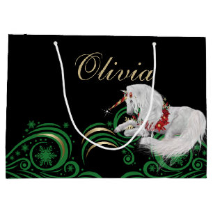 Swirls and Snowflakes Unicorn Green and Gold JOY Large Gift Bag