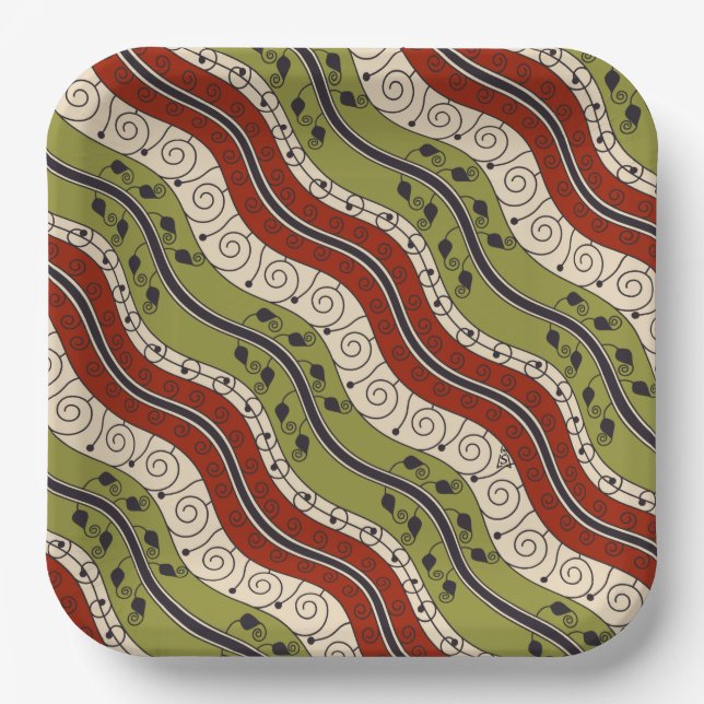 Swirls and Waves in Red, Green and Cream Paper Plate (Front)