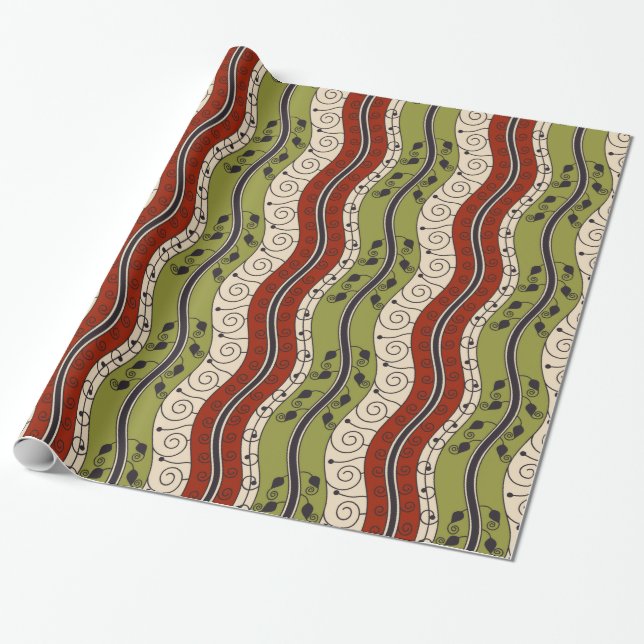 Swirls and Waves in Red, Green and Cream Wrapping Paper (Unrolled)