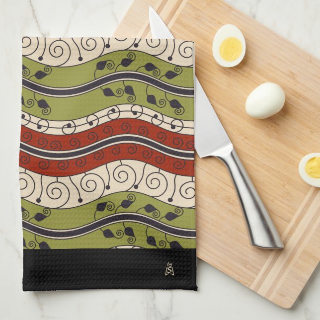 Swirls and Waves in Red, Green + Cream (Monogram) Tea Towel (Quarter Fold)