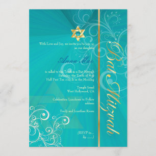 Swirls Bat Mitzvah/aqua blue/gold Invitation